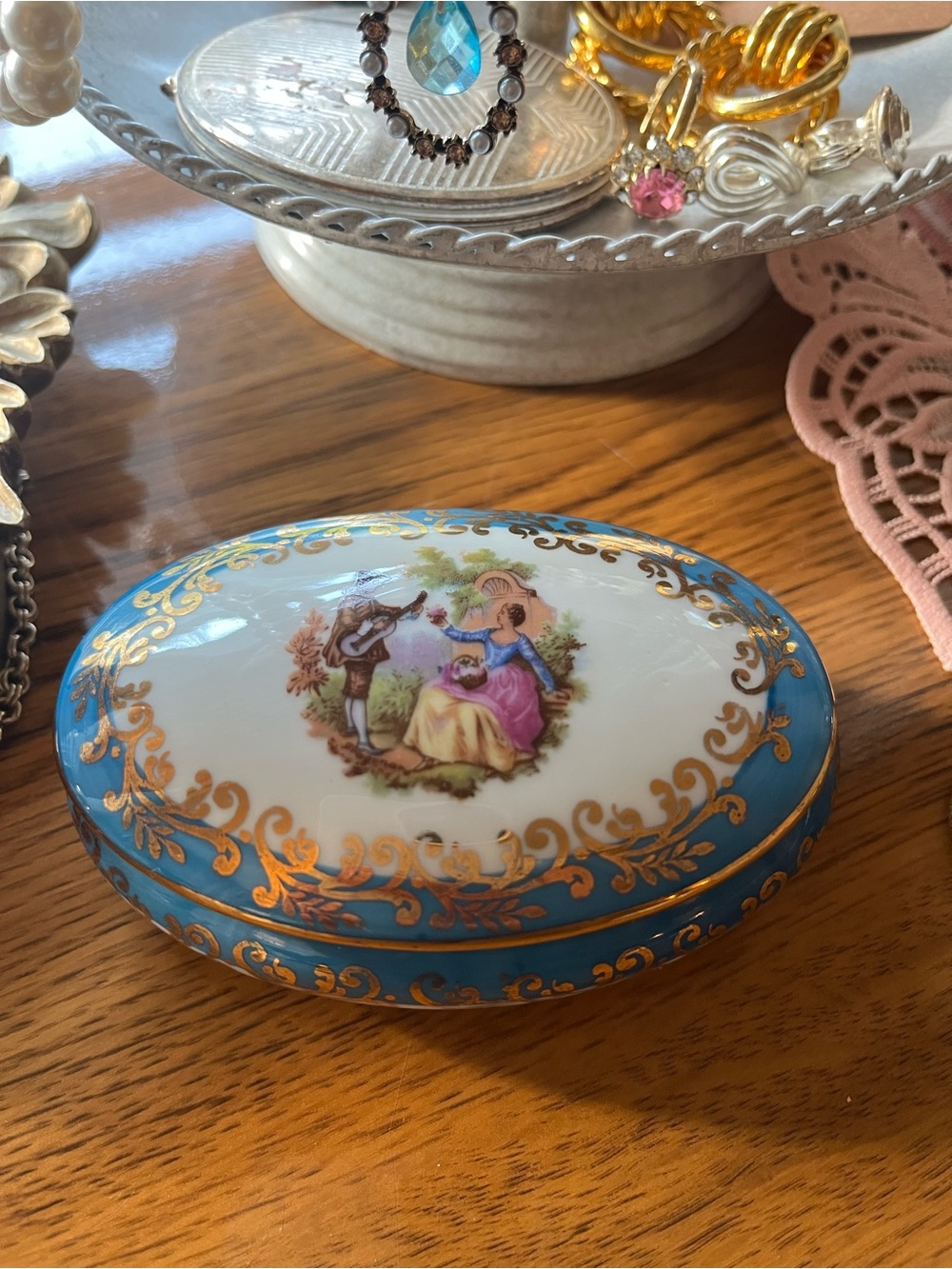 Signed Limoges Porcelain Trinket Box with Courting Couple, Blue and Gold Accents